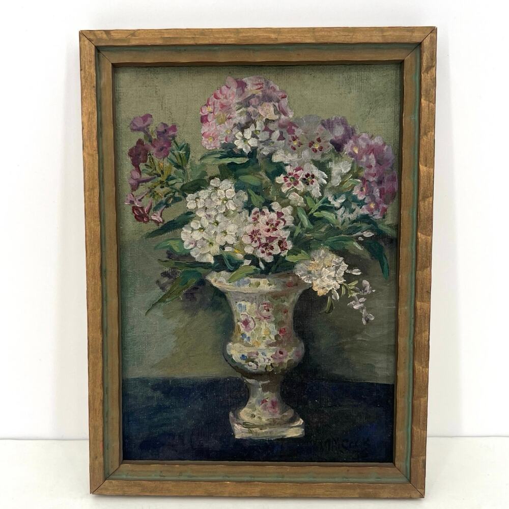 Original oil painting signed by MM Cook vibrant bouquet flowers pedestal vase